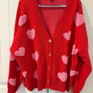 32 Degrees Red Cardigan with Pink Heart Accents